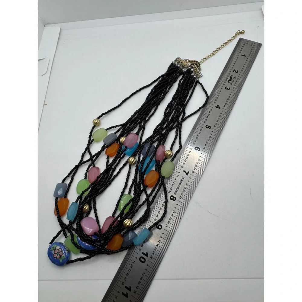 Vintage Multi Strand Black Seed Bead Necklace Colorful Acrylic Floral Porcelain